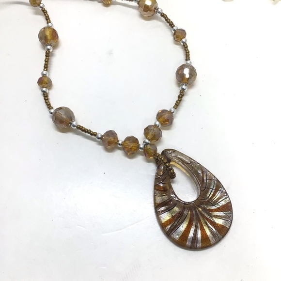 Fashion Boho Brown and Gold Glass Statement Necklace and Dangle Earring Set - Picture 5 of 9